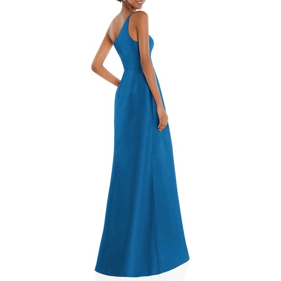 Alfred Sung D831 One Shoulder Draped Front Slit Satin Gown - Picture 11 of 12